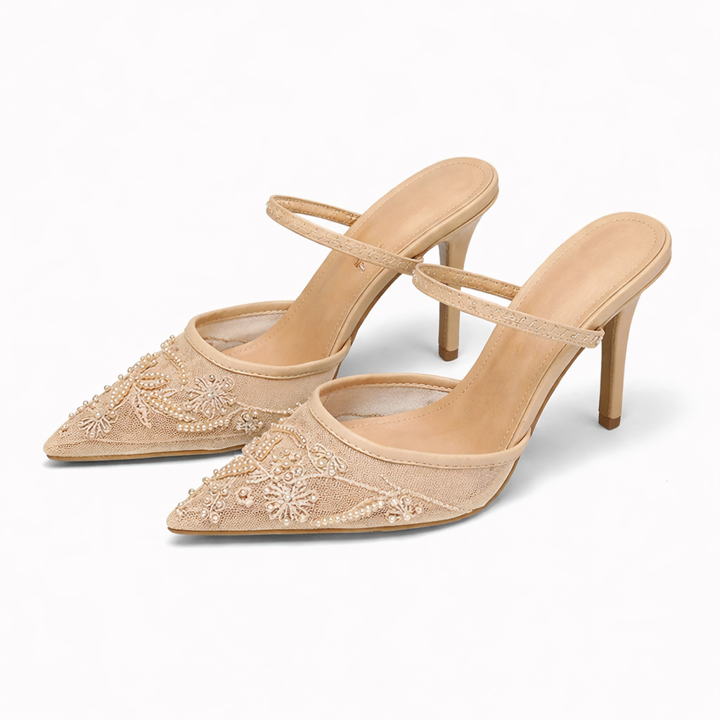 Embroidered Mesh Mule Heels with Floral Detail, Pointed Toe & Slim Heel 6