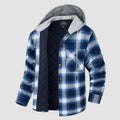 Hooded quilted flannel jacket in blue white, front view