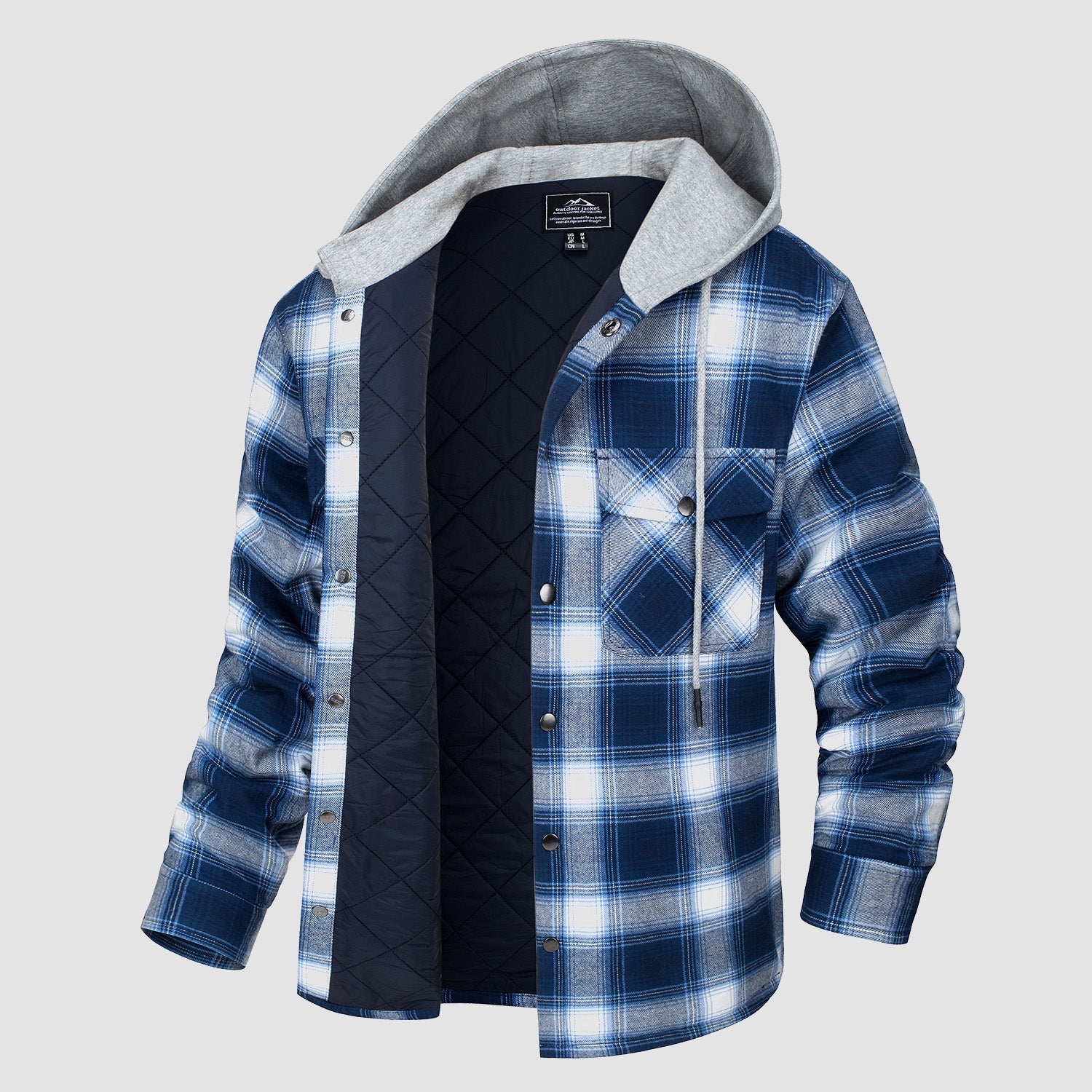 Hooded quilted flannel jacket in blue white, front view