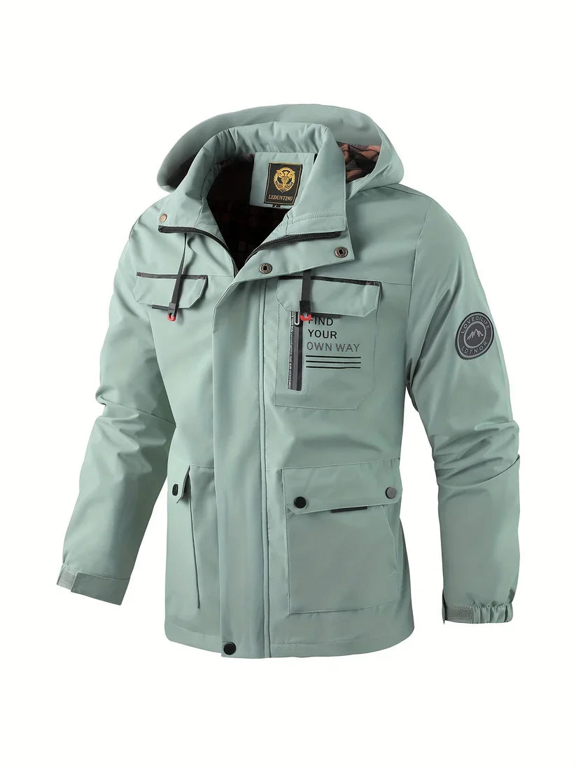 Waterproof insulated winter jacket with hood in black, front view