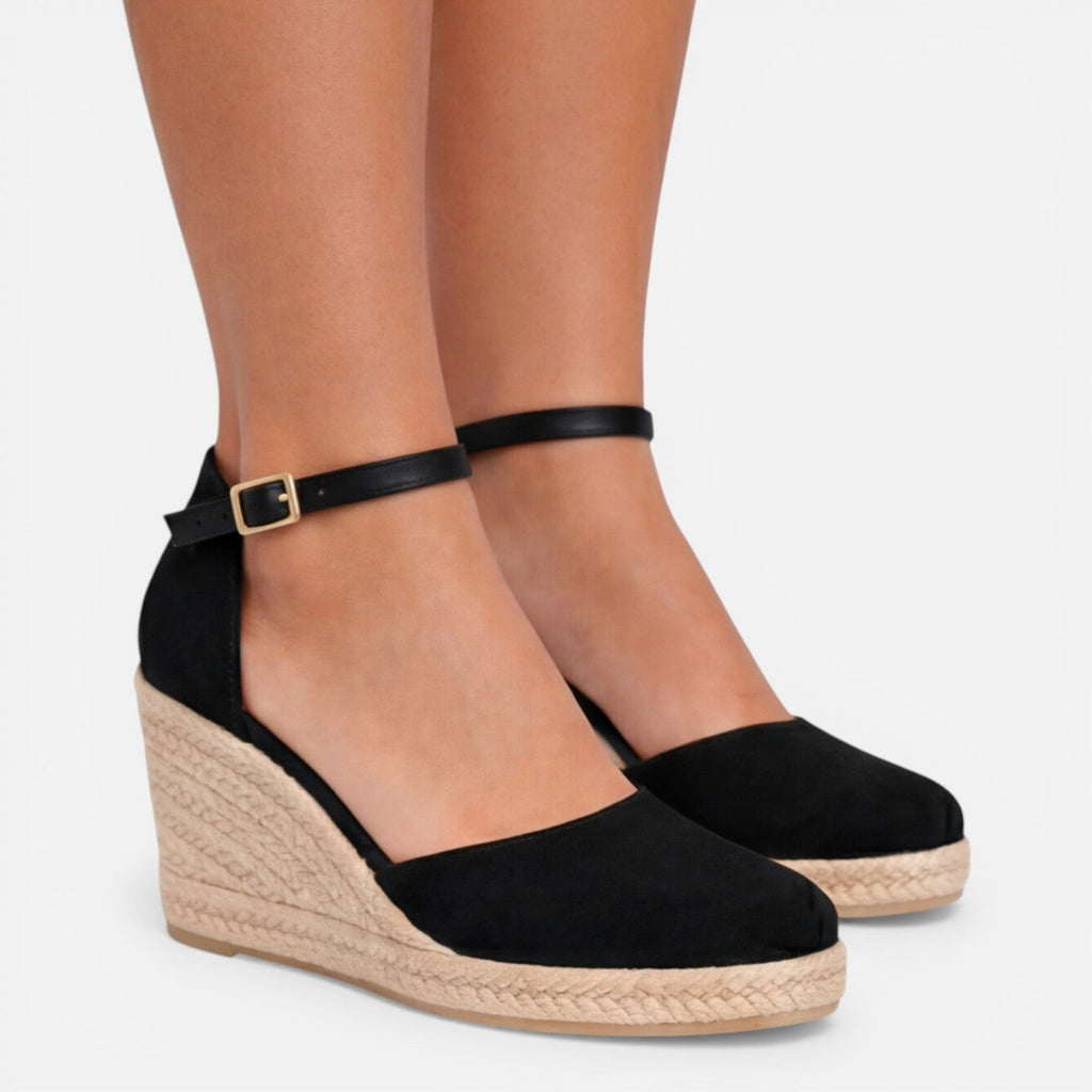 Felorro - Black Wedge Sandals With Adjustable Ankle Strap & Closed Toe Design 0