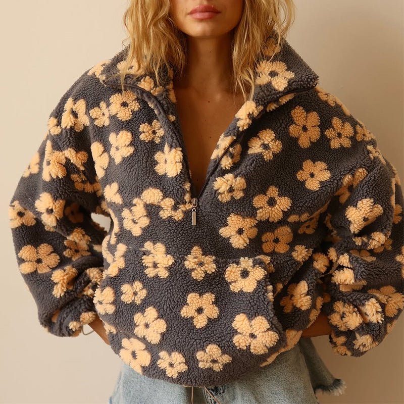 Teddy fleece jacket with floral print in yellow, front view