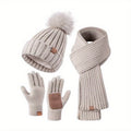 Knit winter set with hat, scarf and gloves in beige