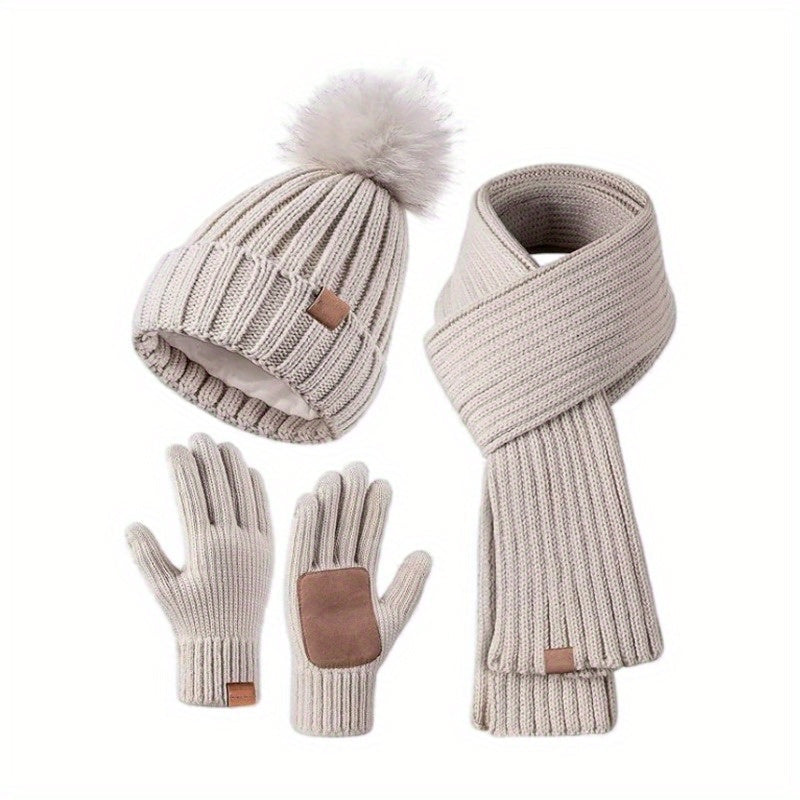 Knit winter set with hat, scarf and gloves in beige