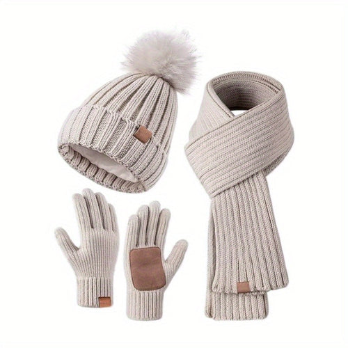 Knit winter set with hat, scarf and gloves in beige