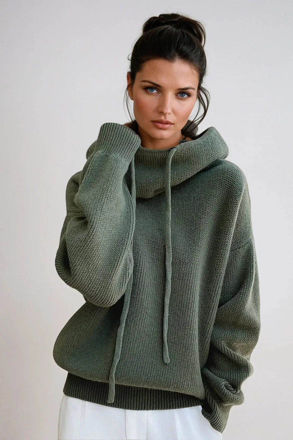 Ribbed turtleneck sweater in green, front view