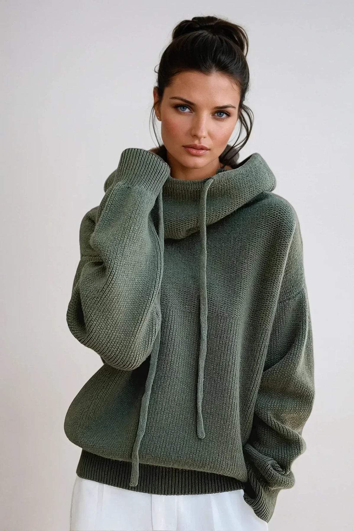 Ribbed turtleneck sweater in green, front view