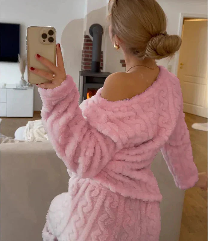 Warm fleece two piece pyjama set in pink, front view