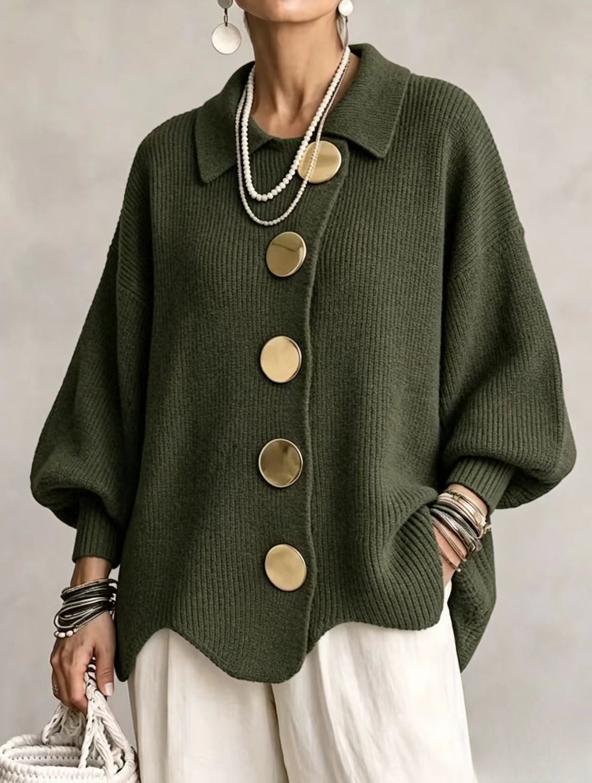 Oversized Cardigan Knit Scalloped Hem