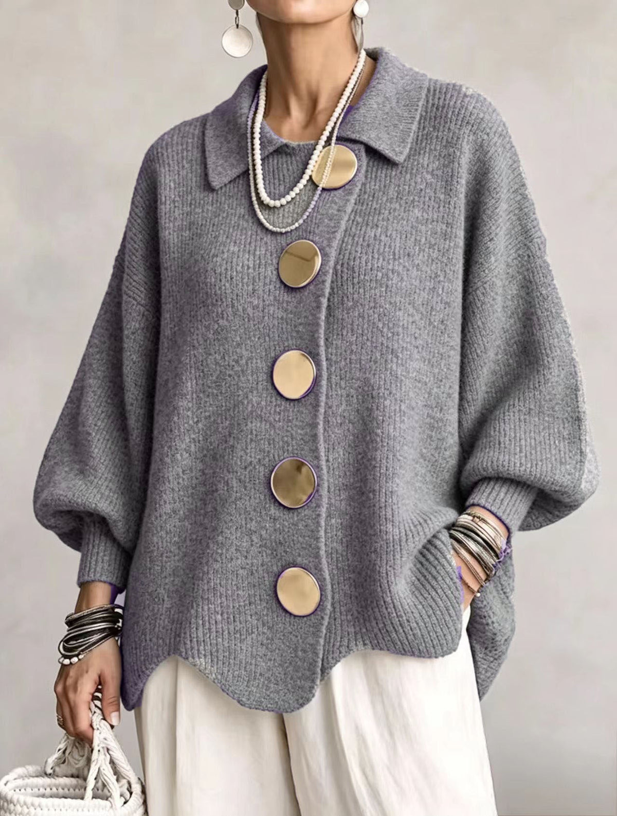 Oversized Cardigan Knit Scalloped Hem