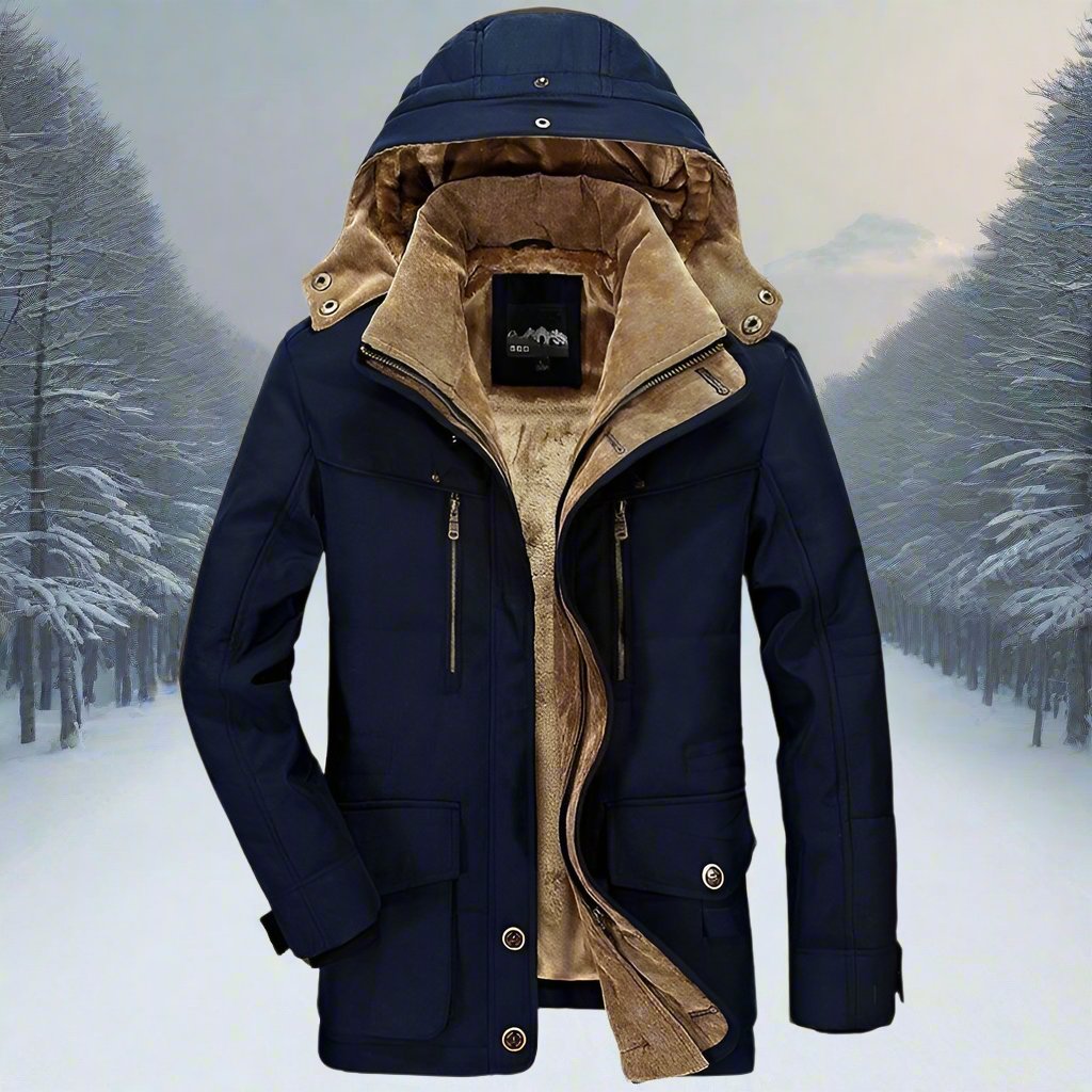 Winter jacket with detachable hood and faux fur lining in navy, front view