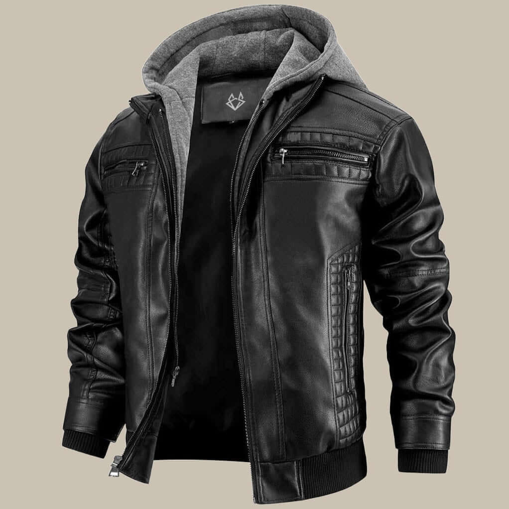Hooded jacket with hidden zip in black, front view