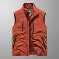 Breathable multi pocket cargo vest in red, front view