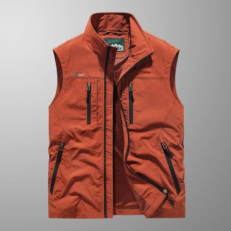 Breathable multi pocket cargo vest in red, front view