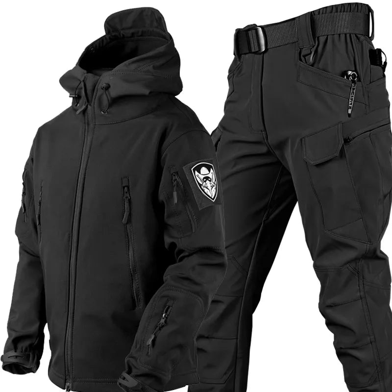 Windproof waterproof hooded rain jacket in black, front view