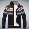 Winter pattern fleece jumper with high collar in red and blue, front view