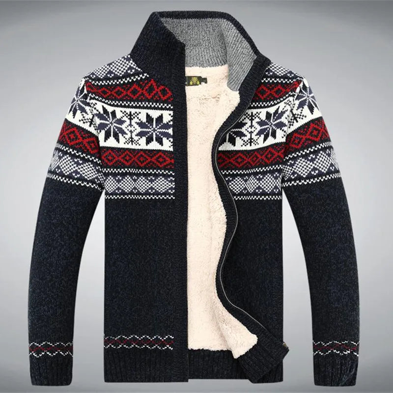 Winter pattern fleece jumper with high collar in red and blue, front view