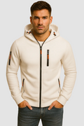 Full zip hoodie with lined hood in black, front view