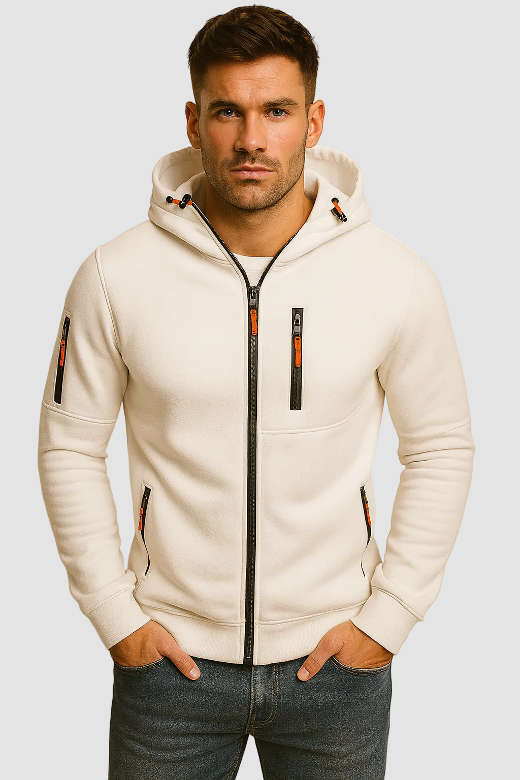 Full zip hoodie with lined hood in black, front view