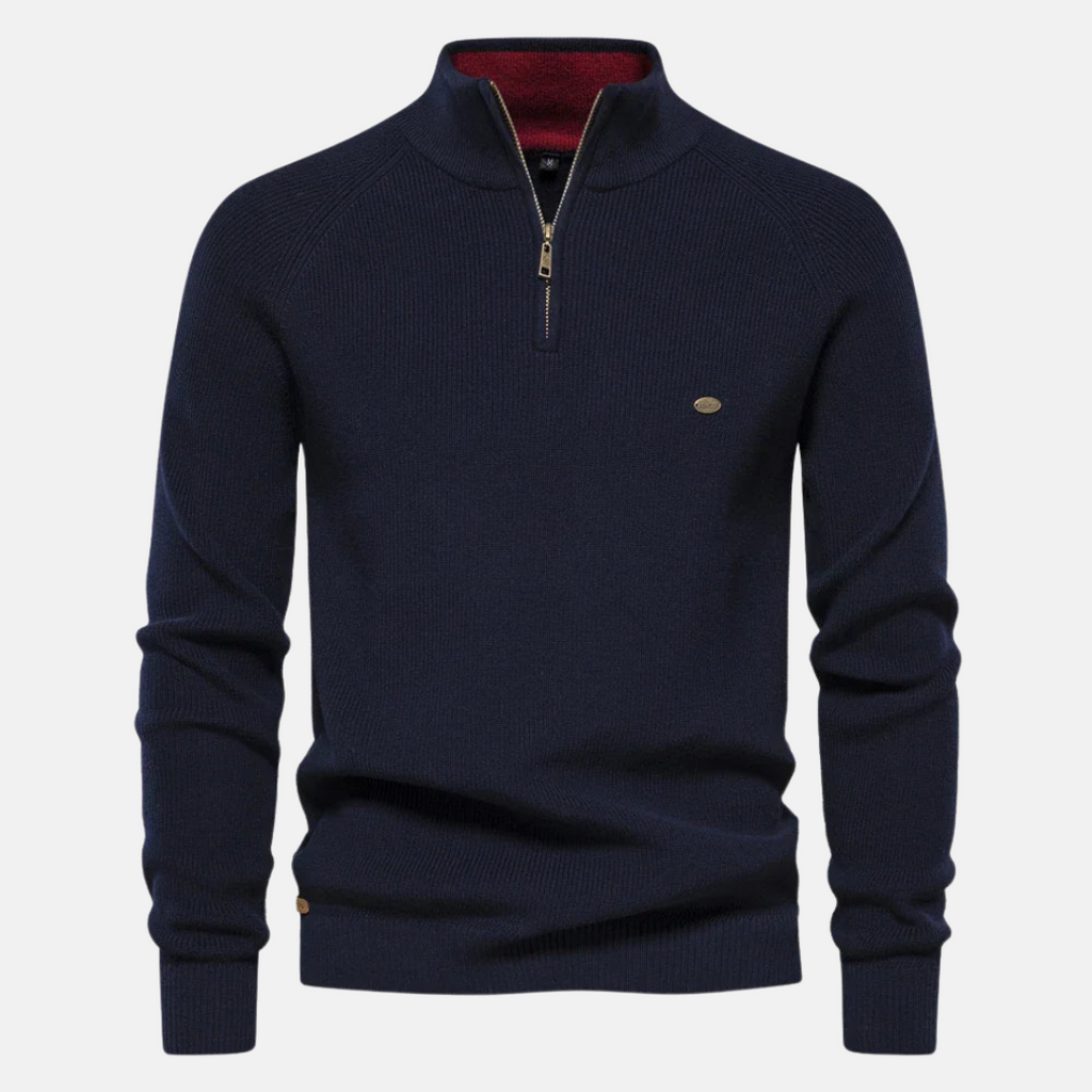 Half zip jumper with ribbed sleeves in navy, front view
