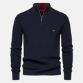 Half zip jumper with ribbed sleeves in navy, front view