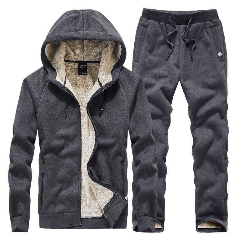 Fleece lined hooded tracksuit set in grey, front view