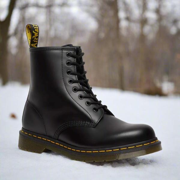Leather-look lace up boots with rubber sole in black, side view