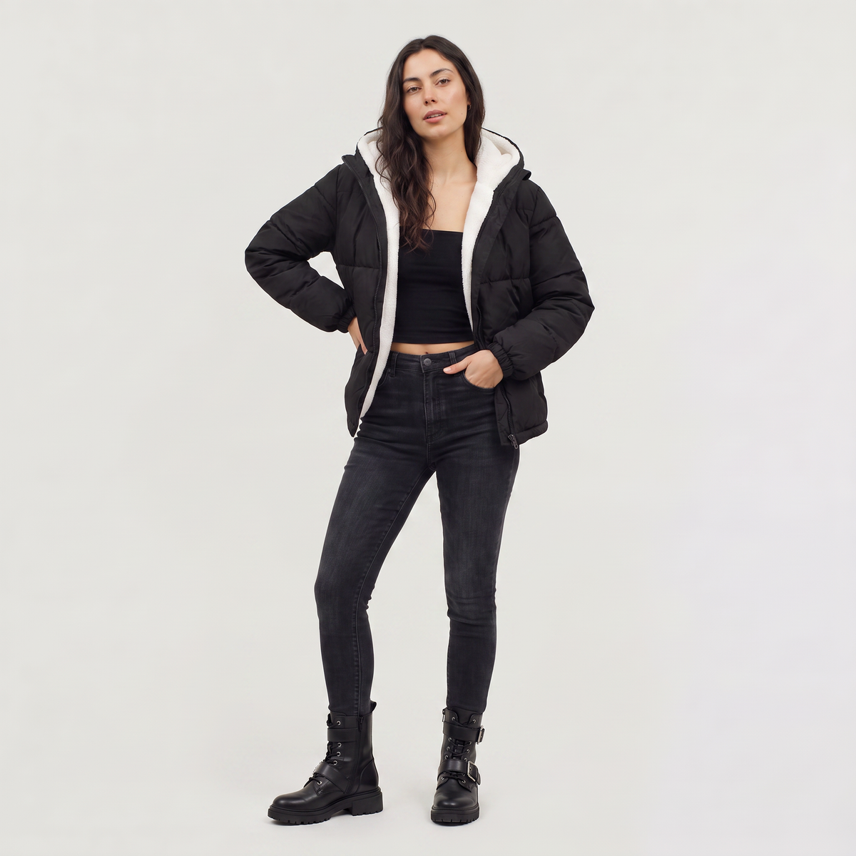 Sherpa Lined Puffer Jacket Hooded Winter