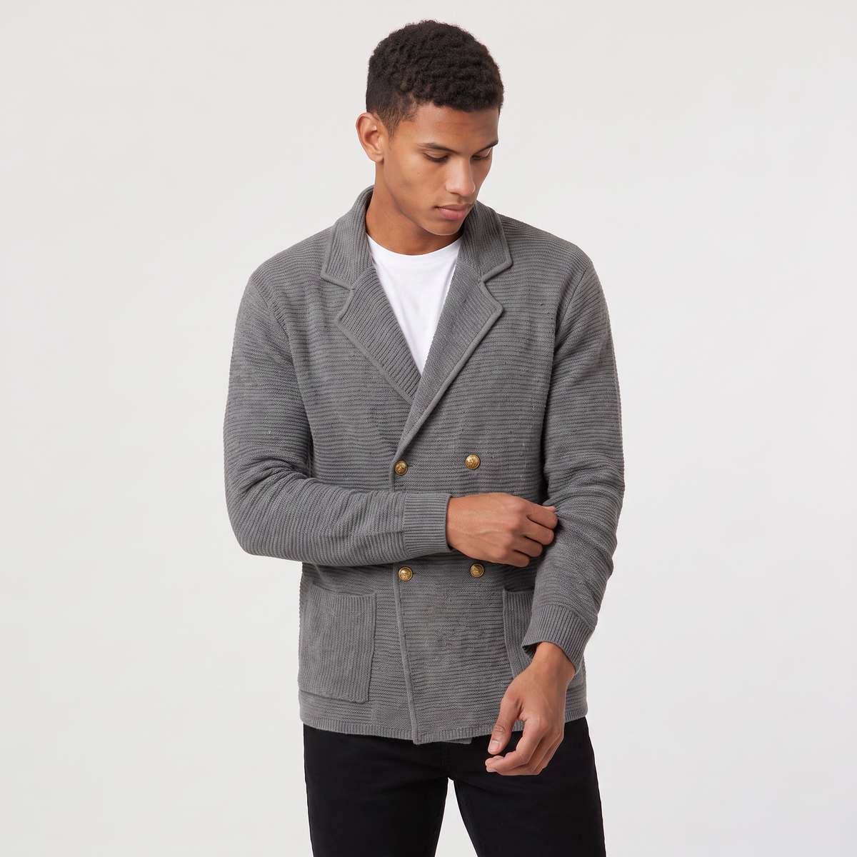 Double-Breasted Knit Cardigan Notched Lapels