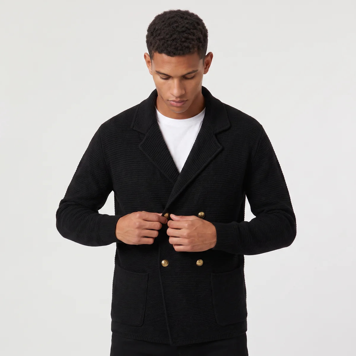 Double-Breasted Knit Cardigan Notched Lapels
