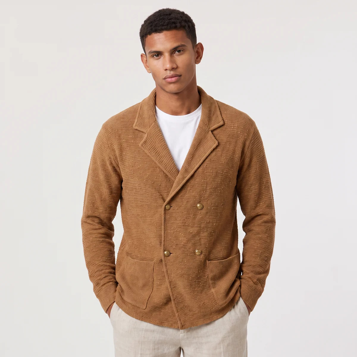 Double-Breasted Knit Cardigan Notched Lapels