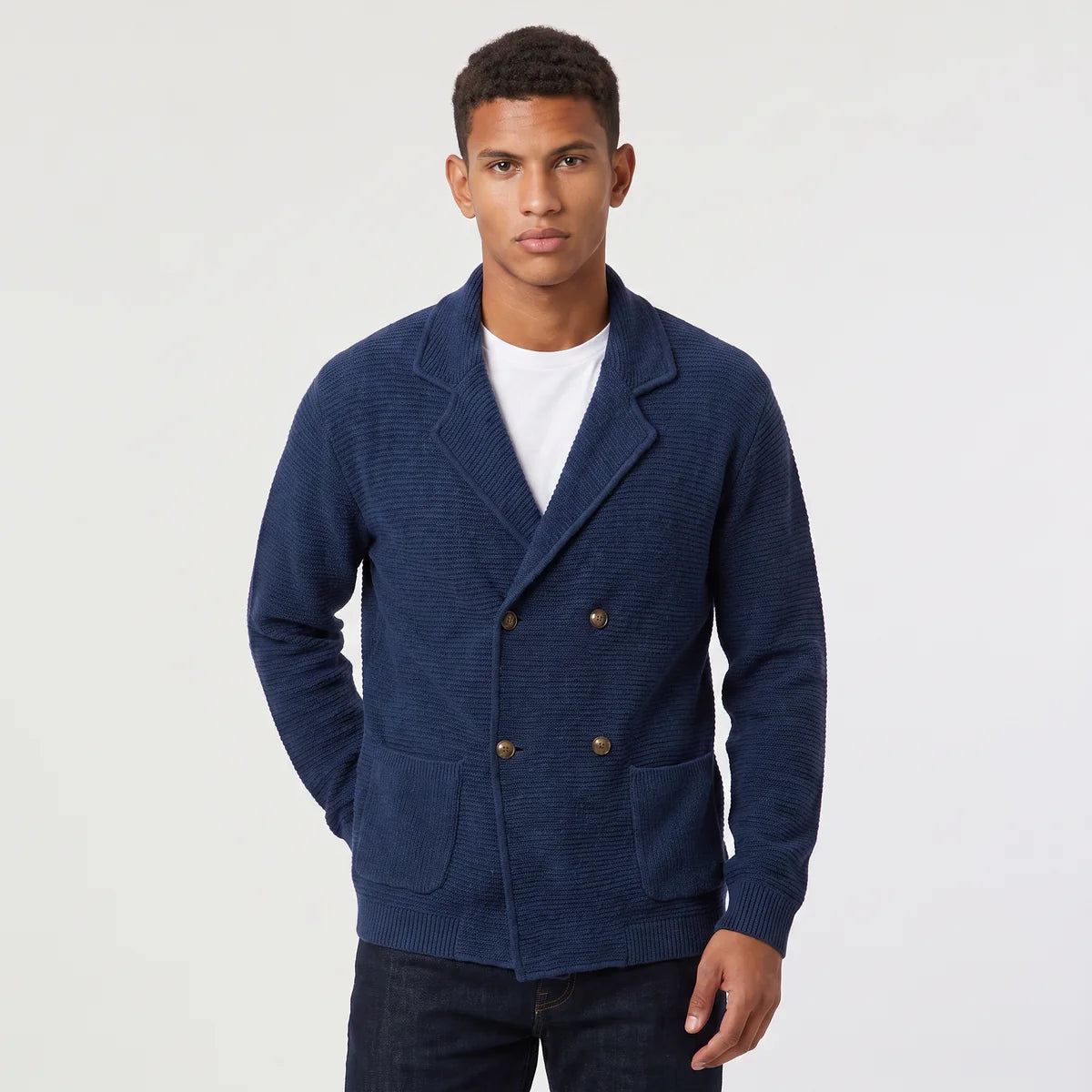 Double-Breasted Knit Cardigan Notched Lapels