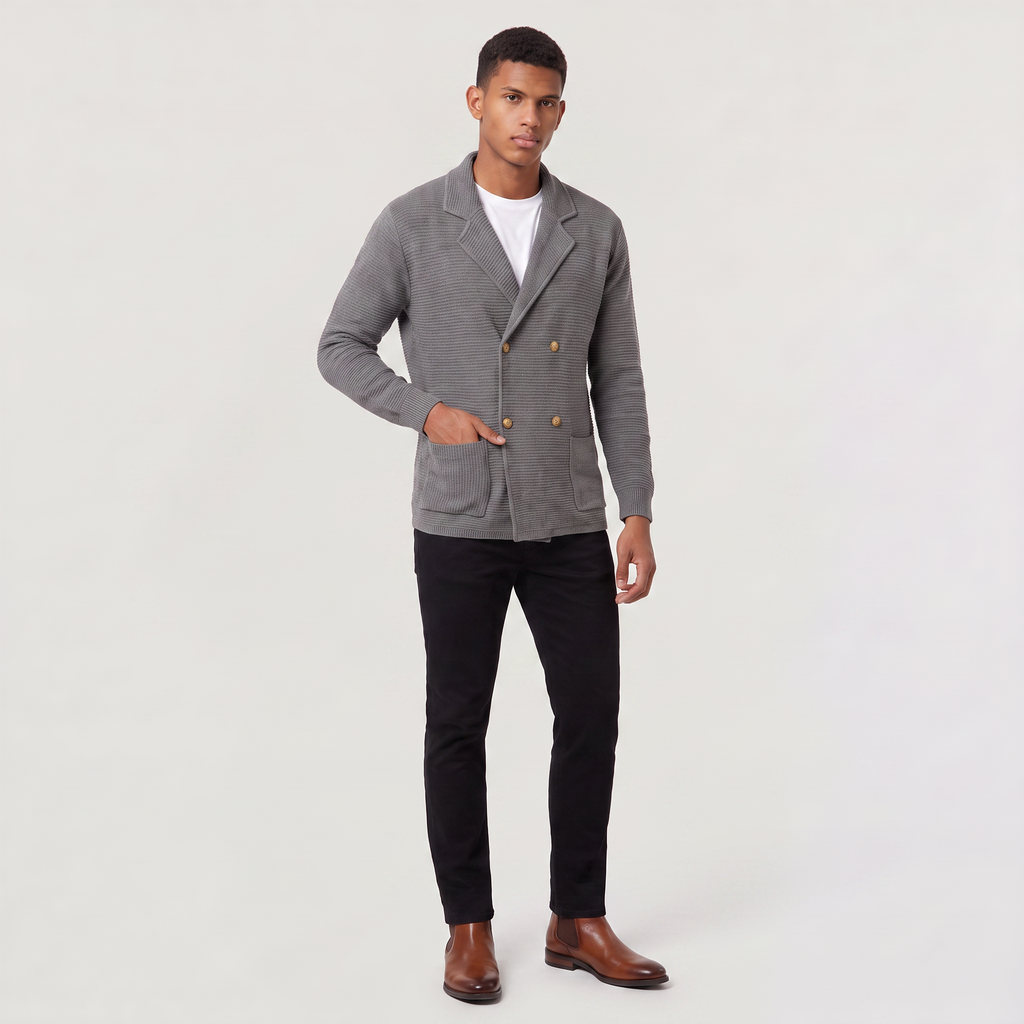 Double-Breasted Knit Cardigan Notched Lapels