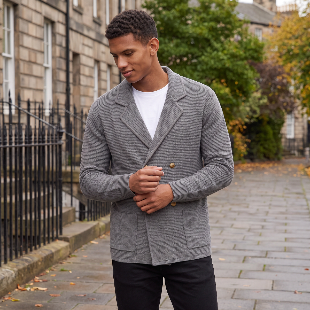 Double-Breasted Knit Cardigan Notched Lapels