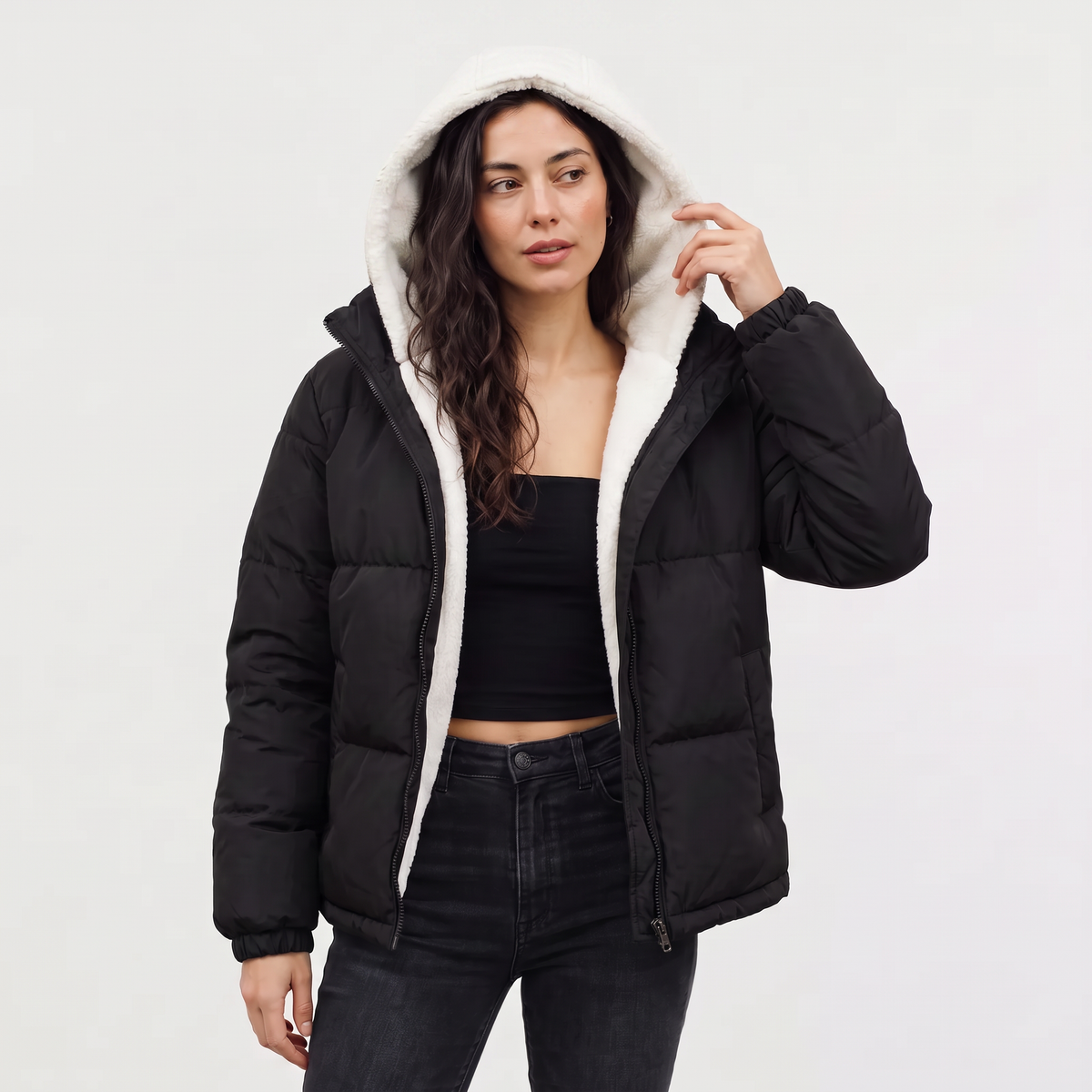 Sherpa Lined Puffer Jacket Hooded Winter