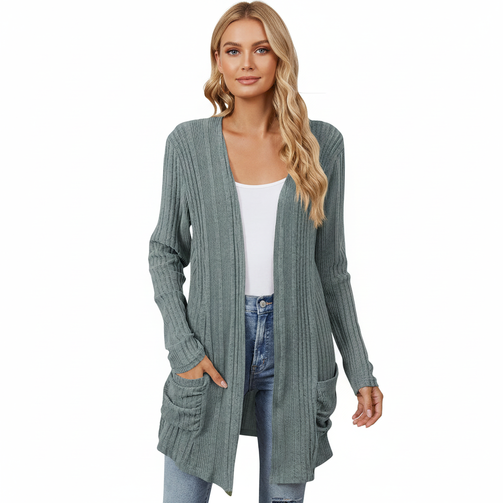 Longline Ribbed Cardigan Open Front Pockets