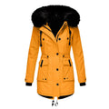 Thickly padded warm winter coat in black, front view