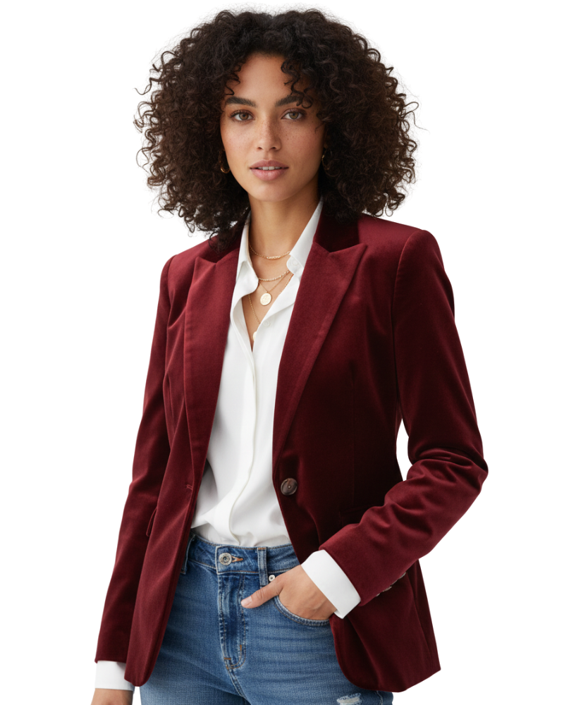 Gold-button velvet tailored blazer in green, front view