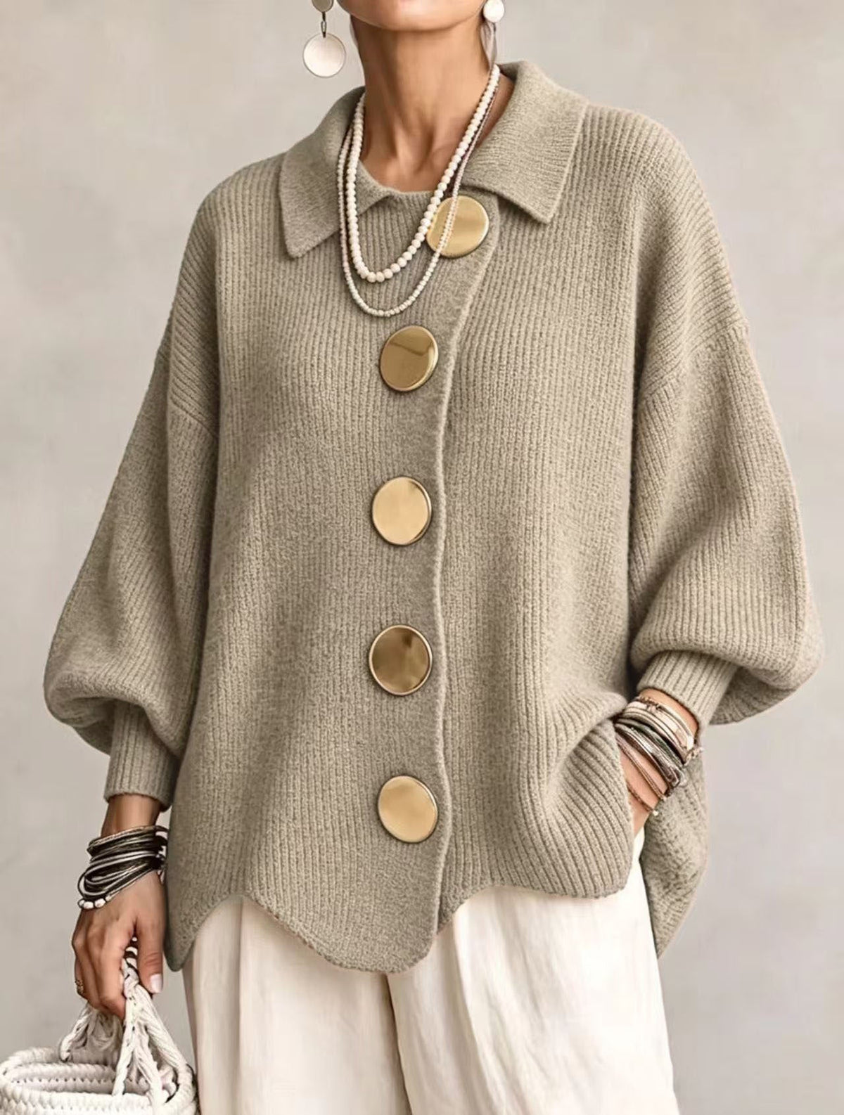 Oversized Cardigan Knit Scalloped Hem