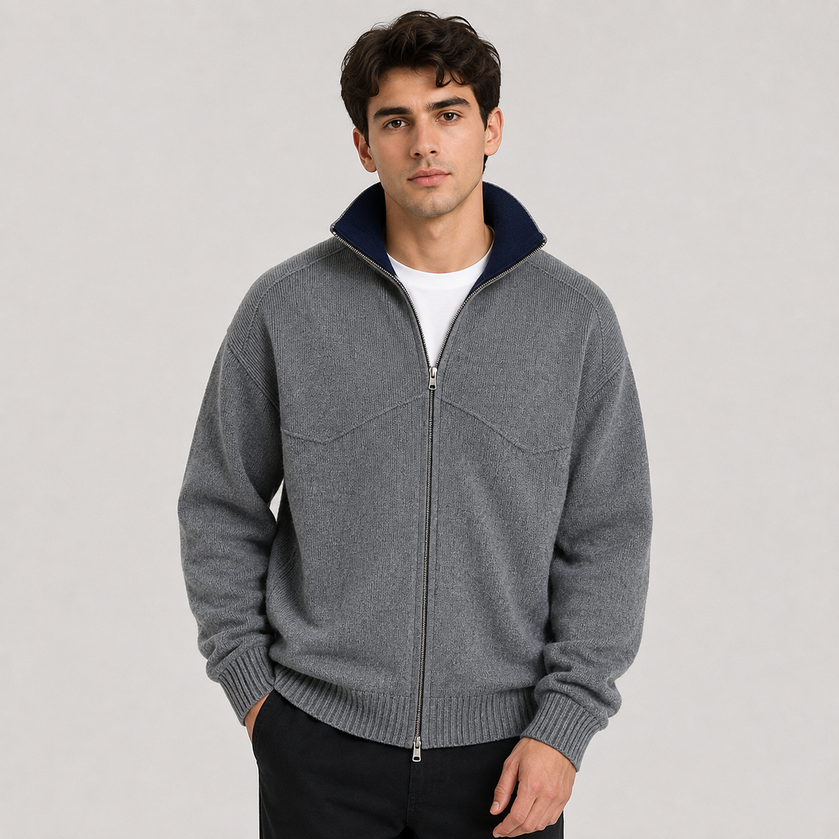 Stand Collar Knit Zip Cardigan