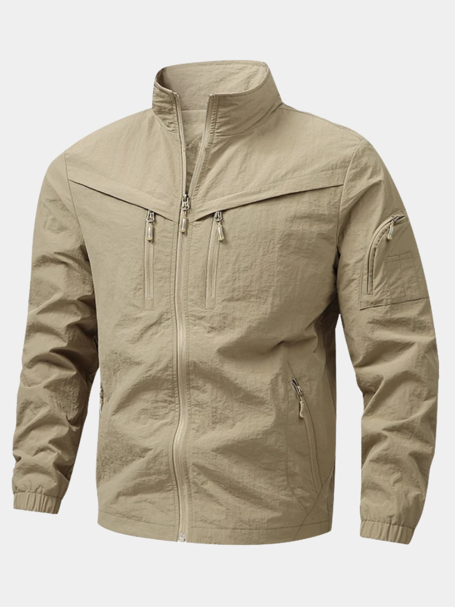 Lightweight waterproof utility jacket in khaki, front view