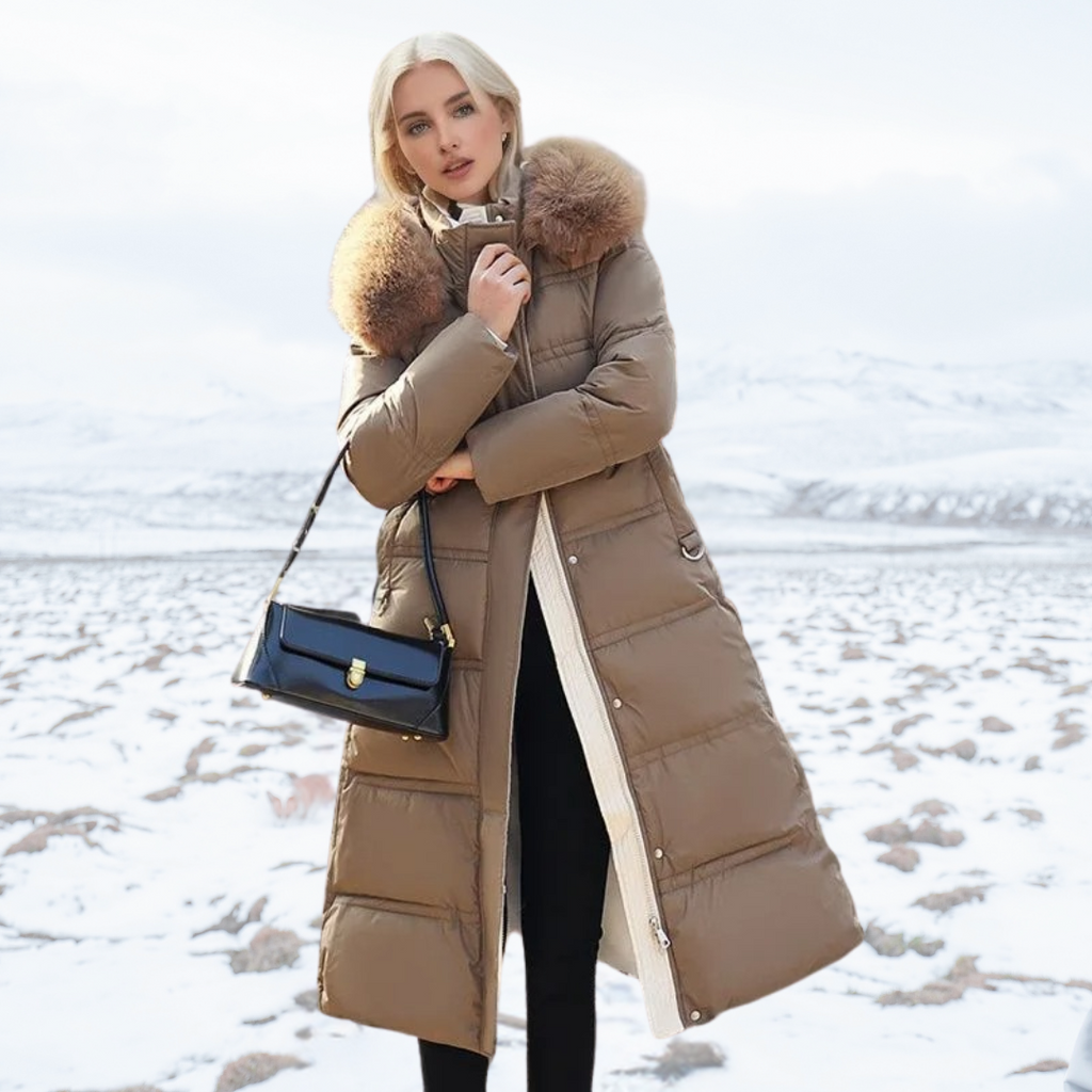 Parka coat with faux fur trimmed hood in black, front view
