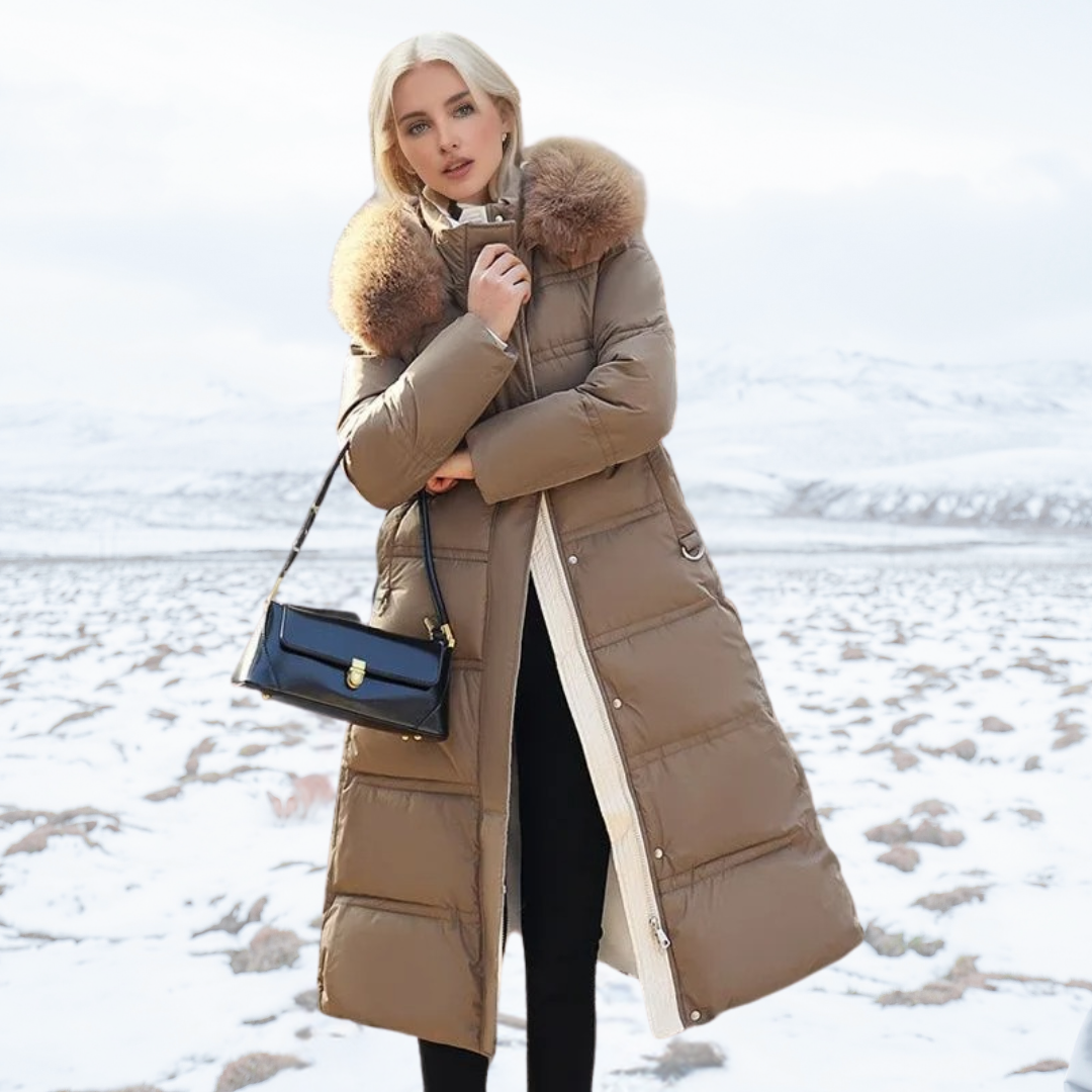 Parka coat with faux fur trimmed hood in black, front view