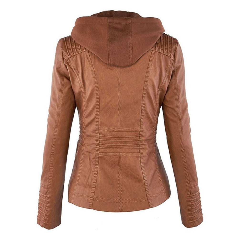 Leather-Look Biker Jacket Removable Hood