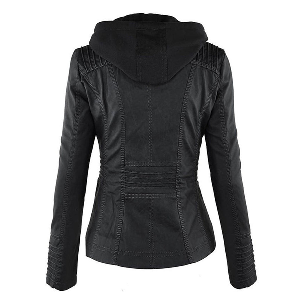 Leather-Look Biker Jacket Removable Hood