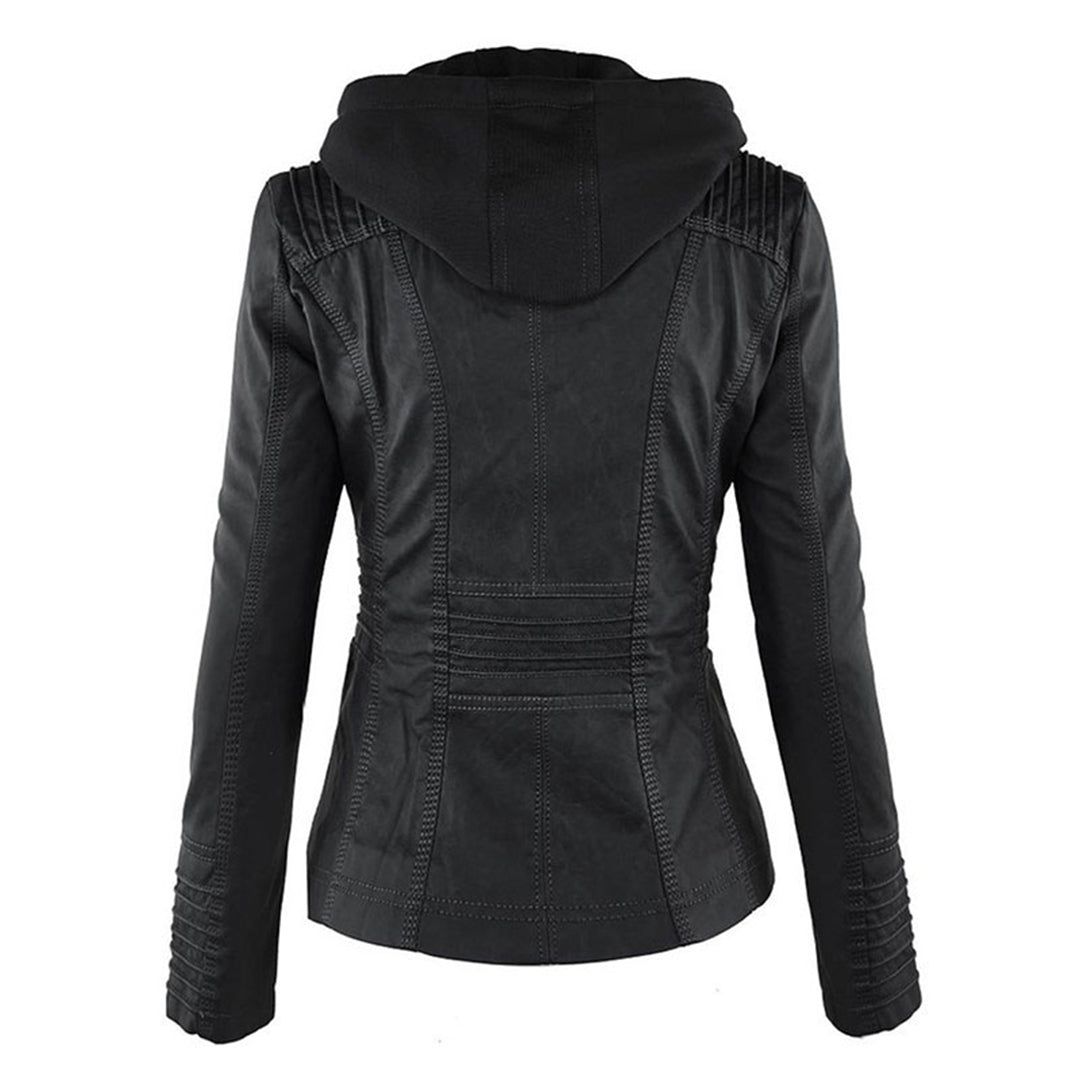 Leather-Look Biker Jacket Removable Hood