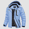 Water-resistant fleece-lined ski parka in light blue, front view