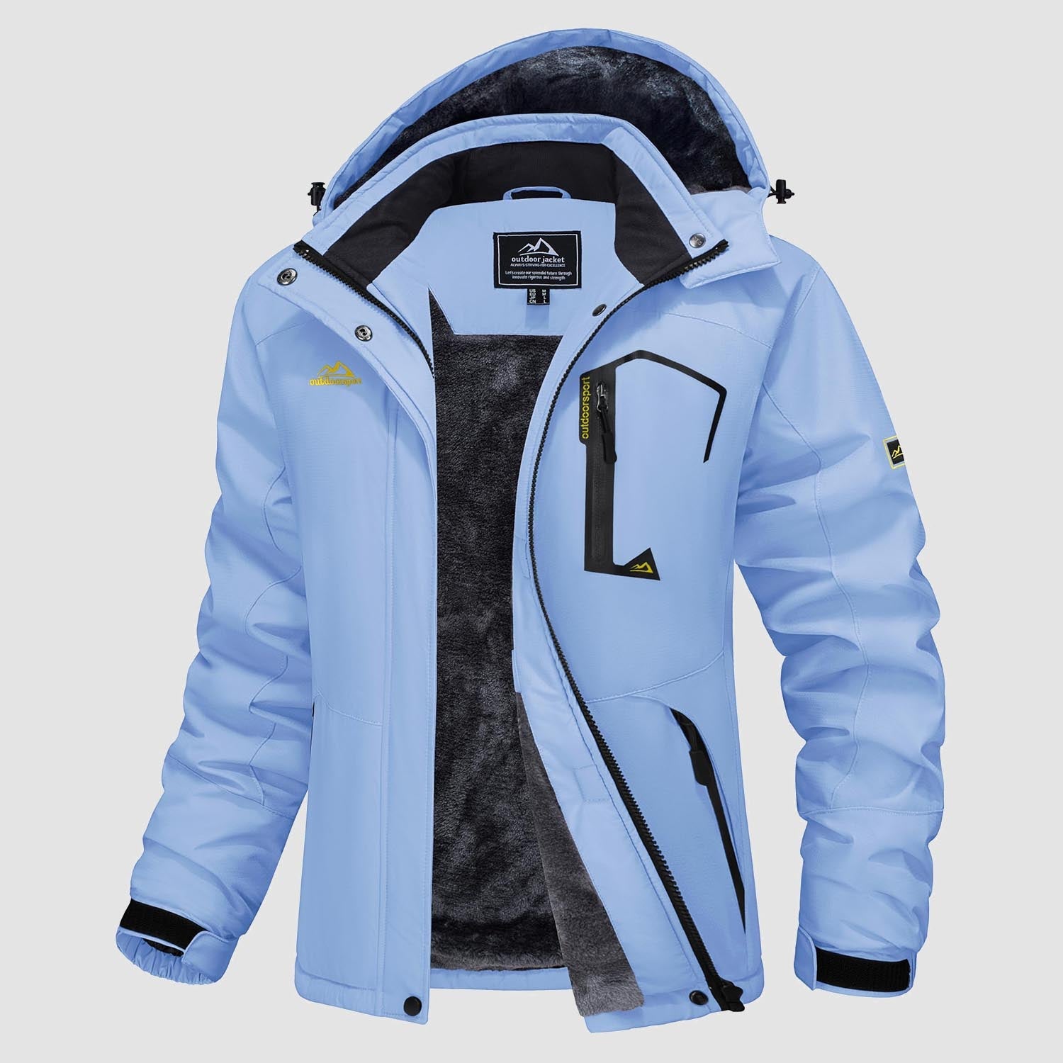 Water-resistant fleece-lined ski parka in light blue, front view