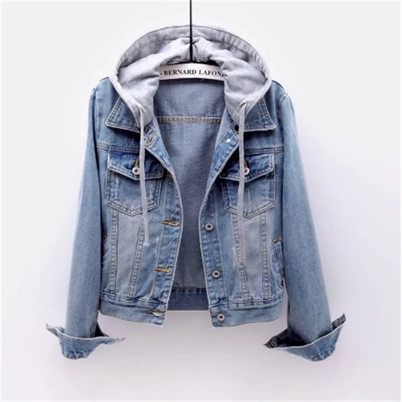 Denim jacket with removable hood in light blue, front view