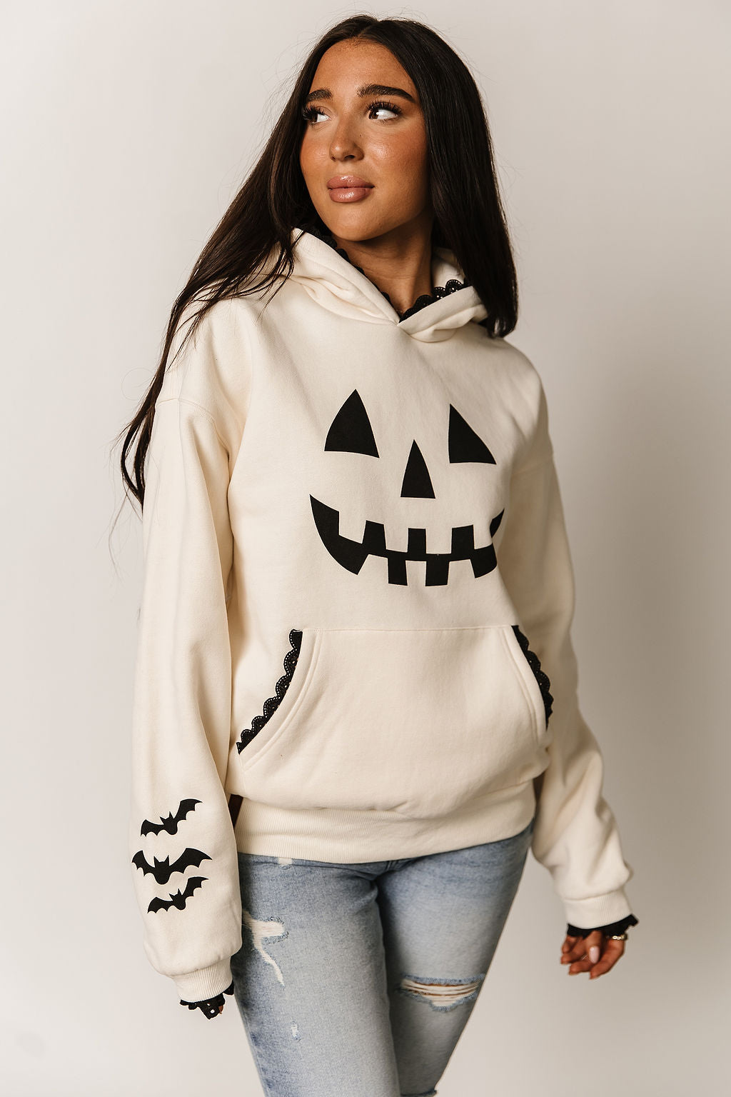 Hoodie Fleece Lined Lace Trim Sleeves